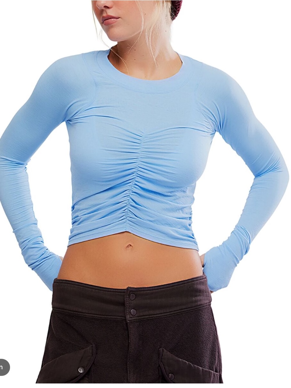 NWT FREE PEOPLE Movement Tempo Ruched Long-Sleeve Shirt Light Blue Size XL